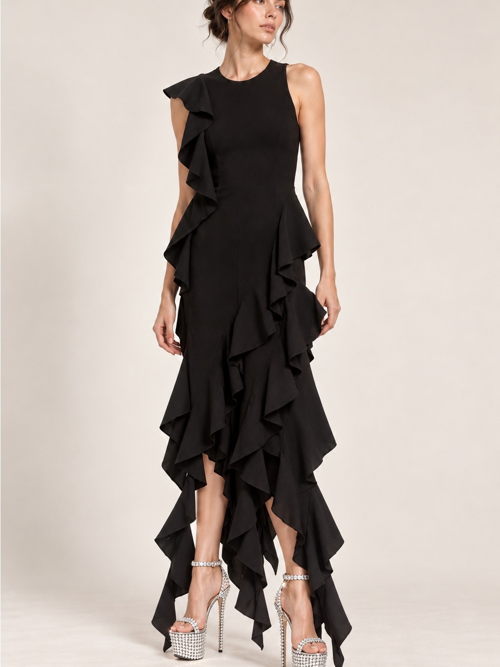 Simkhai Elegant Black Ruffle cascade  Evening Dress
